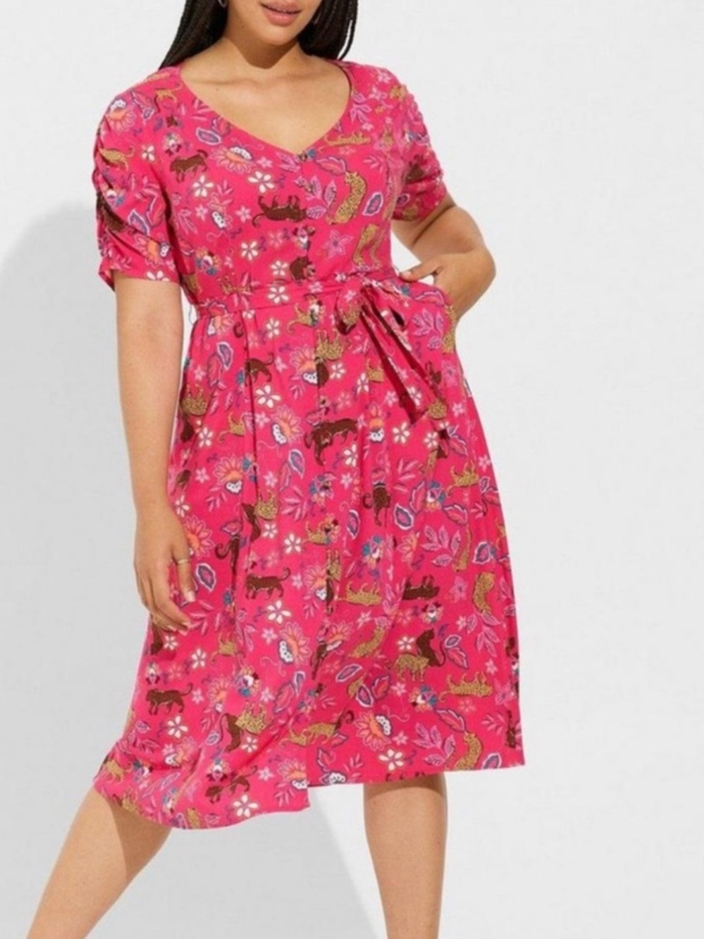 Torrid Bright Pink Floral & Animal Print Wrap around Dress #2